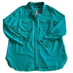 Lauren Ralph Lauren Silk Blend Shirt Womens Size XL Green Button Up Long Sleeve